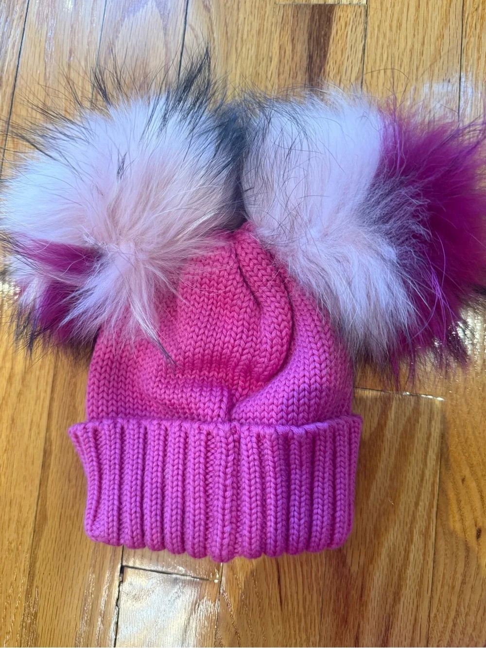 Kids Double Pom Knit Beanie in Bright Pink